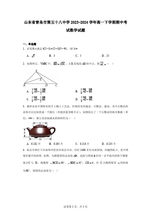 山东省青岛市第五十八中学2023-2024学年高一下学期期中考试数学试题