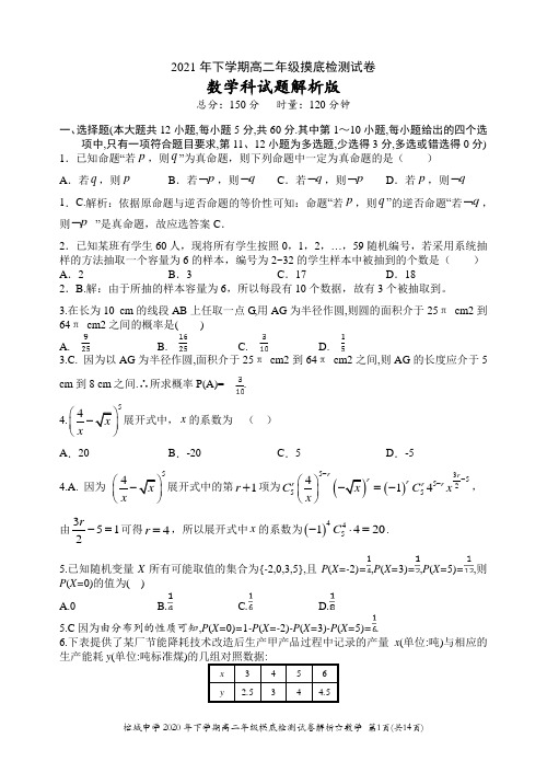 2021年下学期高二年级摸底检测试卷数学科试卷解析版