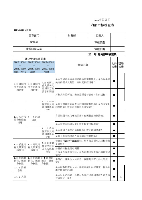 财务部内部审核检查表