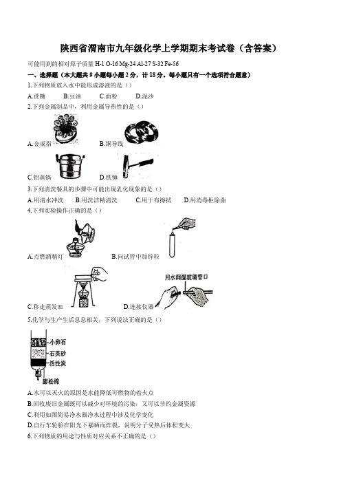 陕西省渭南市九年级化学上学期期末考试卷(含答案)