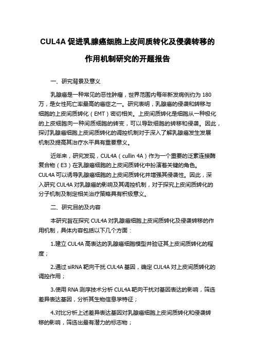 CUL4A促进乳腺癌细胞上皮间质转化及侵袭转移的作用机制研究的开题报告