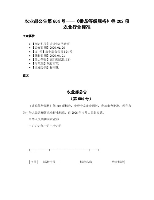 农业部公告第604号——《番茄等级规格》等202项农业行业标准