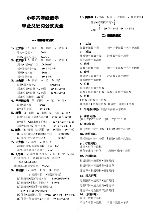 小学六年级数学毕业总复习公式大全