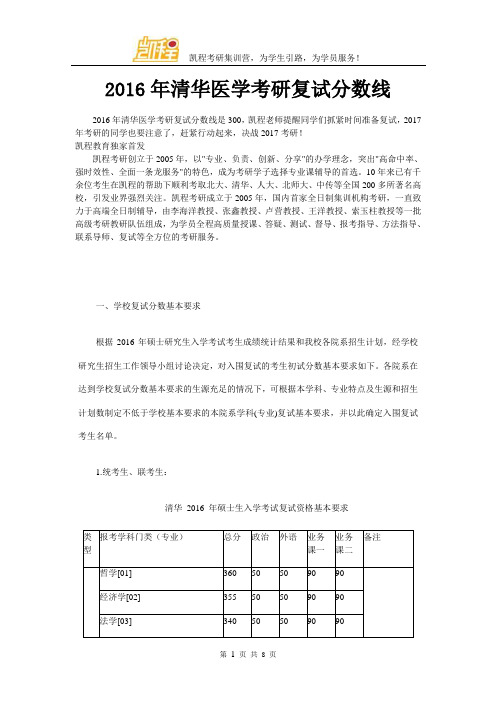 2016年清华医学考研复试分数线