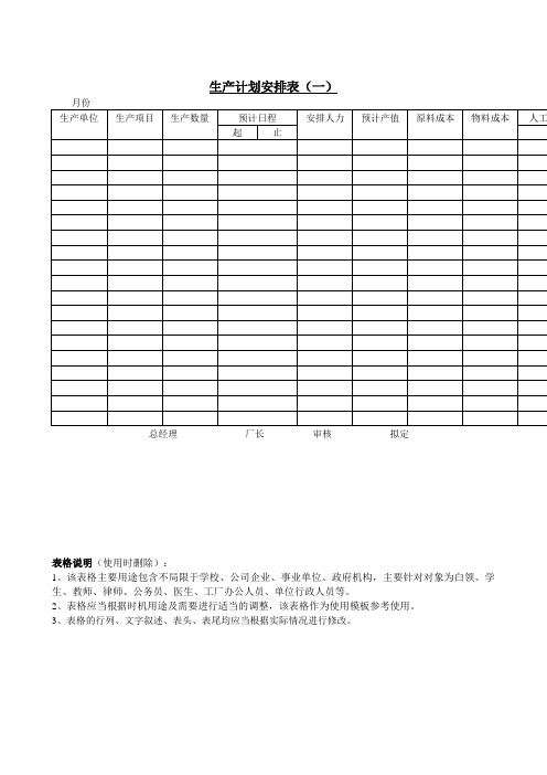生产计划安排表〈一〉