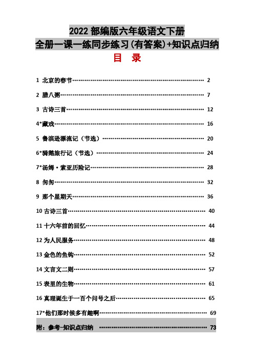 2022部编版六年级语文下册全册一课一练同步练习(有答案)+知识点归纳