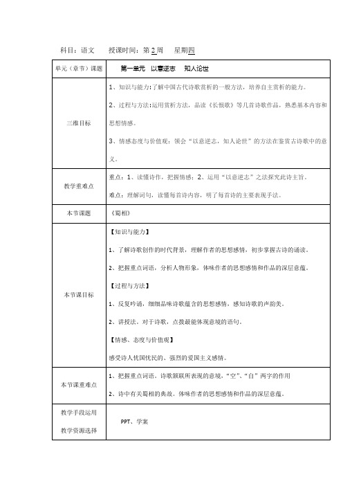 人教版高中语文选修“中国古代诗歌散文鉴赏”教案：第一单元第4课蜀相教案2