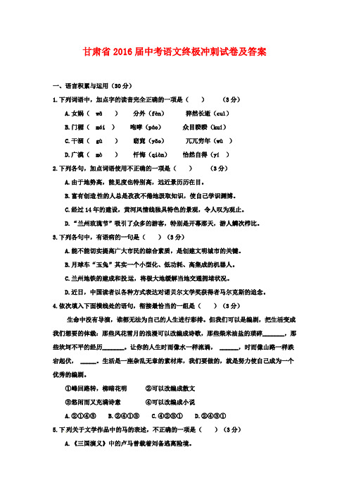 甘肃省2016届中考语文终极冲刺试卷及答案3