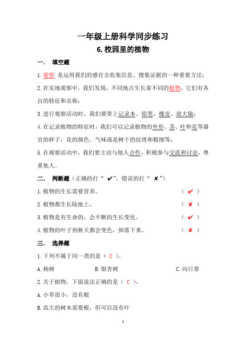 一年级上册科学同步练习6.校园里的植物