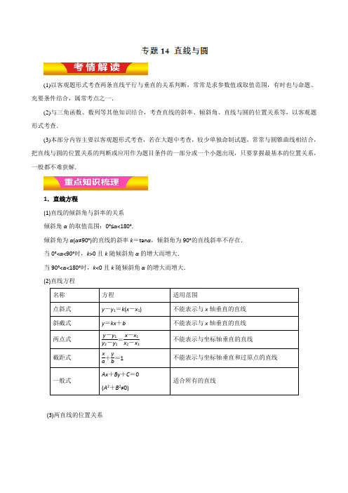 专题14 直线与圆(教学案)-2018年高考理数二轮复习精品资料(解析版)