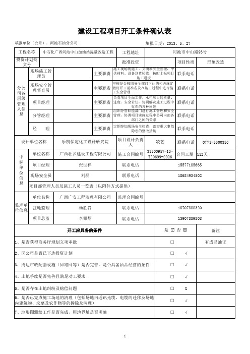 建设工程项目开工条件确认表