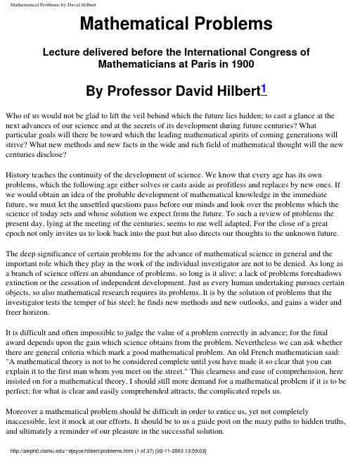 David Hilbert - Mathematical Problems