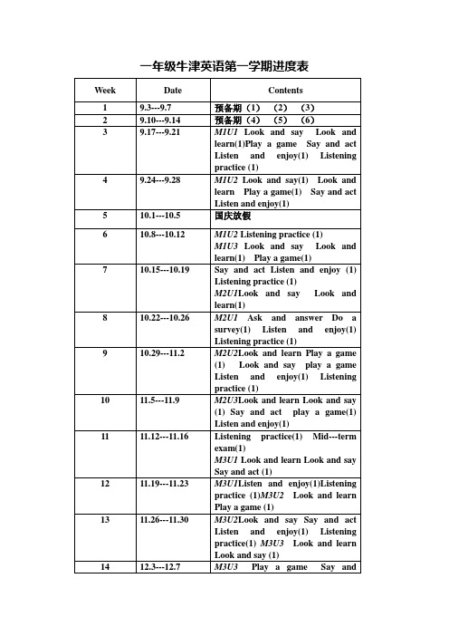 一年级牛津英语第一学期进度表