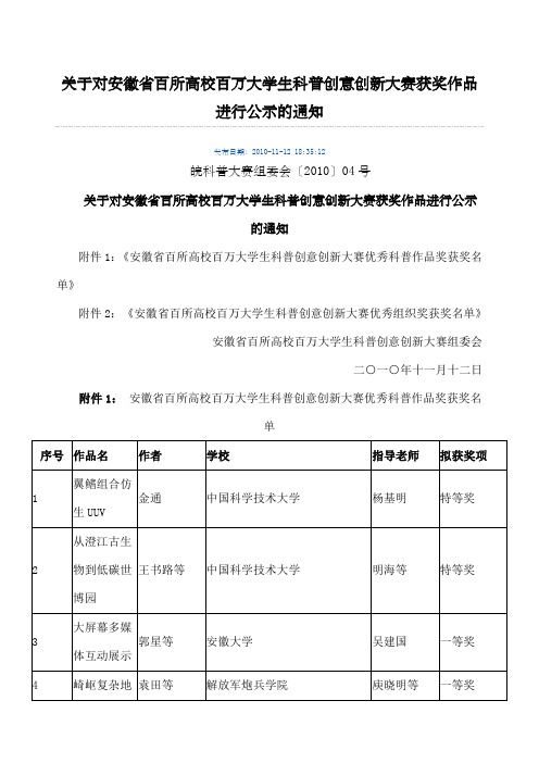 对安徽省百所高校百万大学生科普创意创新大赛获奖作品进行公示