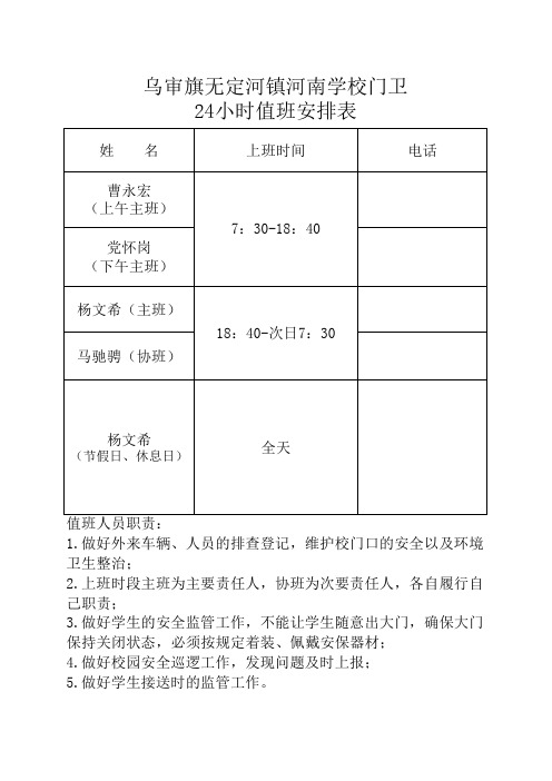 学校门卫值班安排表20200430