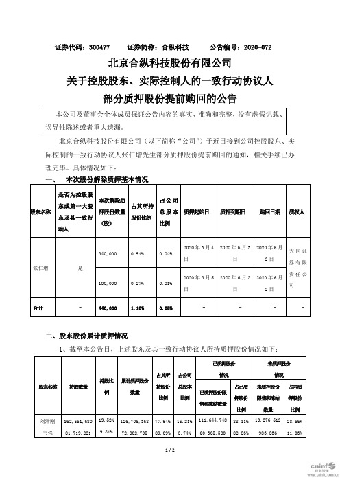 合纵科技：关于控股股东、实际控制人的一致行动协议人部分质押股份提前购回的公告