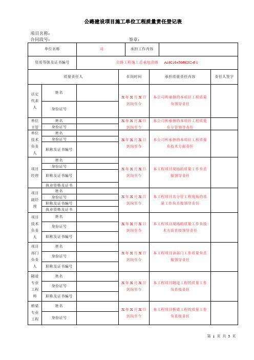 单位工程质量责任登记表