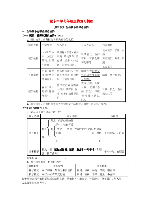 福建省宁化城东中学七年级生物上册 第三单元 生物圈中的绿色植物复习提纲 新人教版