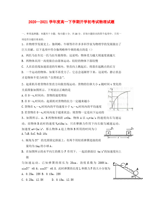 庄河市高级中学2020-2021学年高一期初考试物理试题及答案