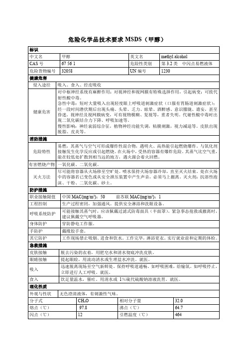 危险化学品技术要求MSDS(甲醇)