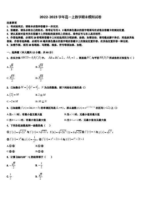 河南省平顶山舞钢第一高级中学2022-2023学年高一上数学期末联考试题含解析