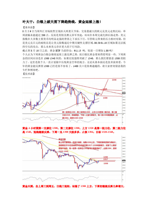 2013年8月10日叶大干(黄金)叶大干：白银上破天图下降趋势线,黄金延续上涨!