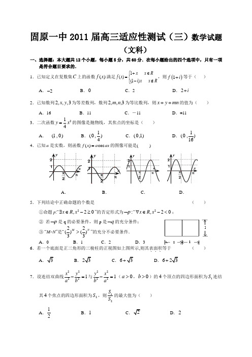 固原一中2011届高三适应性测试(三)数学试题(文科)