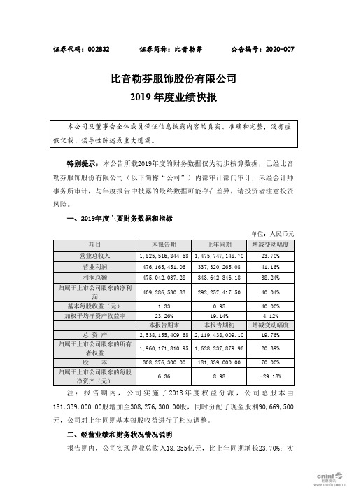 比音勒芬：2019年度业绩快报