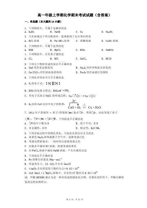 高一年级上学期化学期末考试试题(含答案)