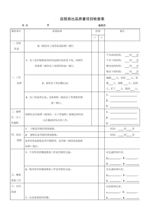 餐饮厨师长出品质量项目检查表