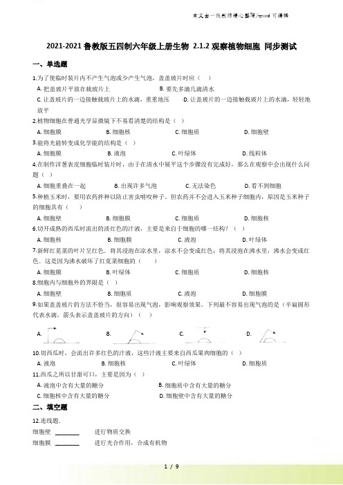 鲁教版五四制六年级上册生物 2.1.2观察植物细胞 同步测试