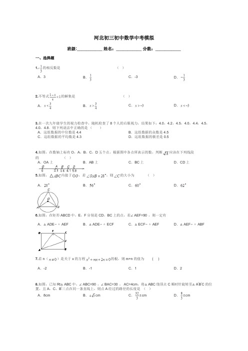 河北初三初中数学中考模拟带答案解析
