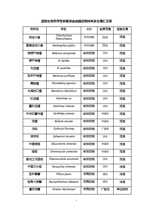 湿地生物多样性恢复适宜底栖动物种类及生境汇总表