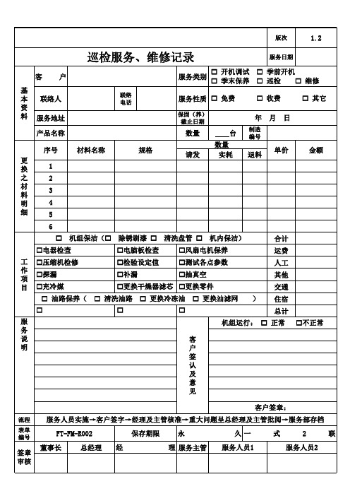 设备保养维护记录表A4纵向