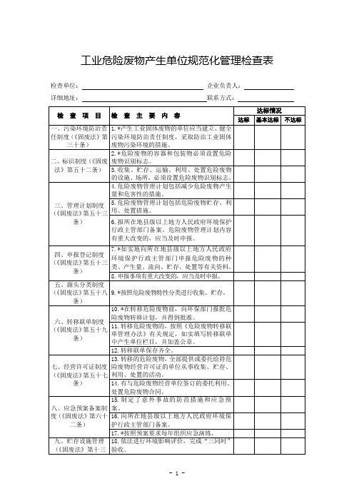 危废产生单位规范化管理指标及抽查表