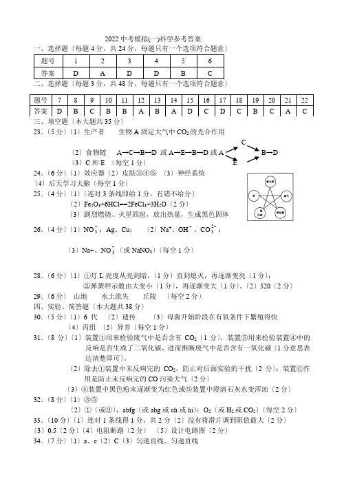 2022中考一模科学参考答案