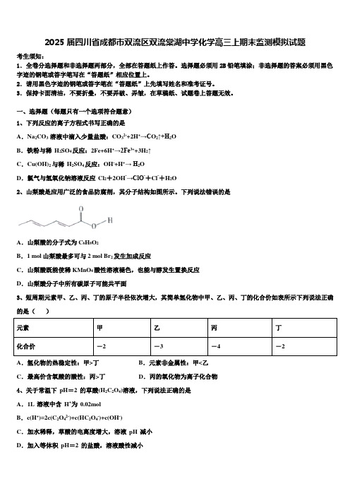 2025届四川省成都市双流区双流棠湖中学化学高三上期末监测模拟试题含解析