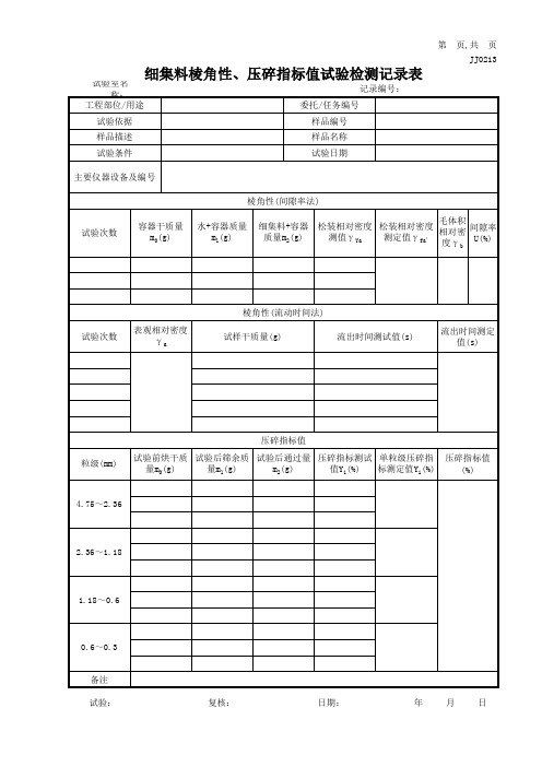 细集料棱角性、压碎指标试验检测记录表