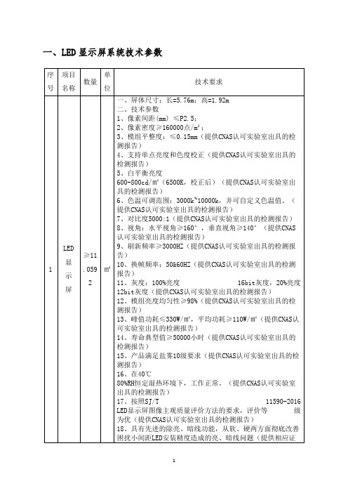 一、LED显示屏系统技术参数