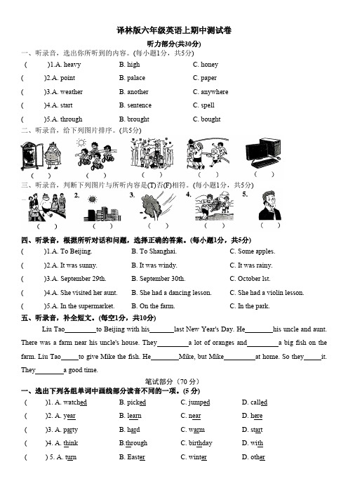 译林版六年级英语上期中测试卷及答案