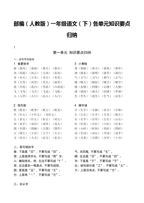 部编(人教版)一年级语文下册单元知识要点归纳-全册