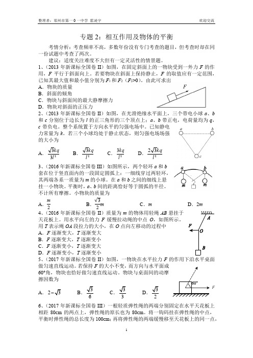 2013-2018年新课标全国卷专题分类汇总——专题2:相互作用及物体的平衡