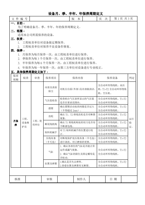 设备月、季、半年、年保养周期定义