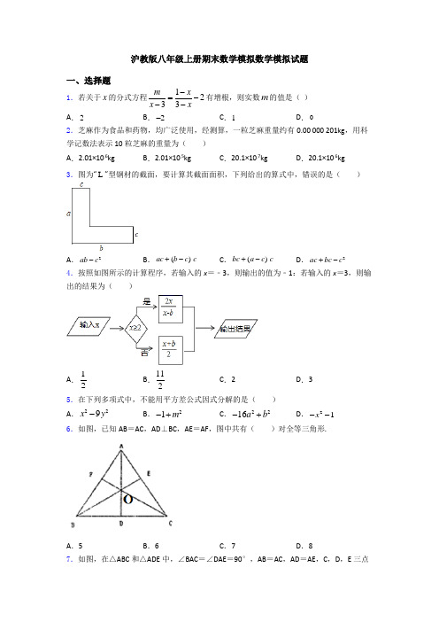 沪教版八年级上册期末数学模拟数学模拟试题