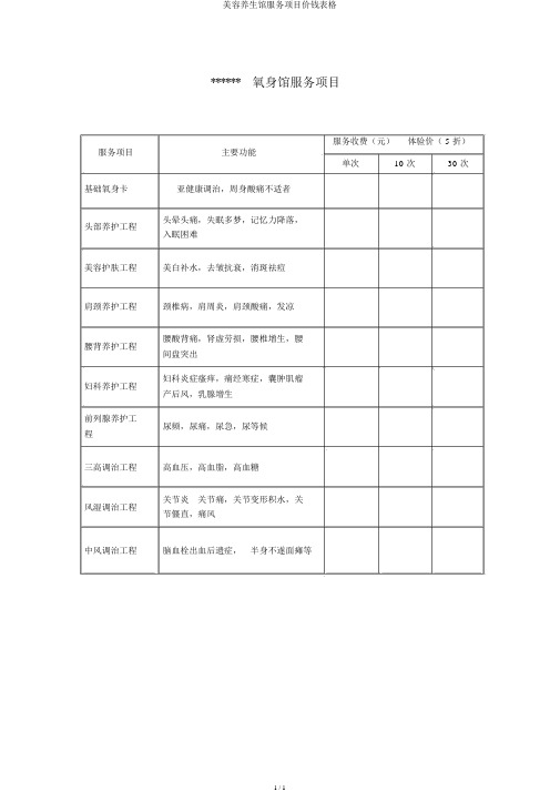 美容养生馆服务项目价格表格