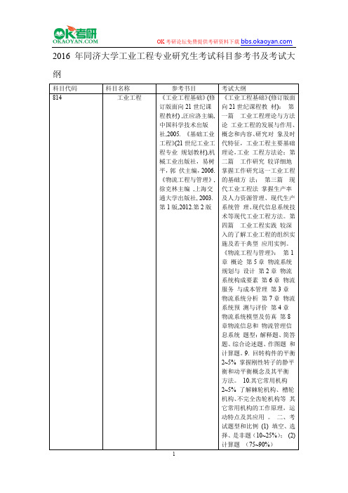 2016年同济大学工业工程专业研究生考试科目参考书及考试大纲