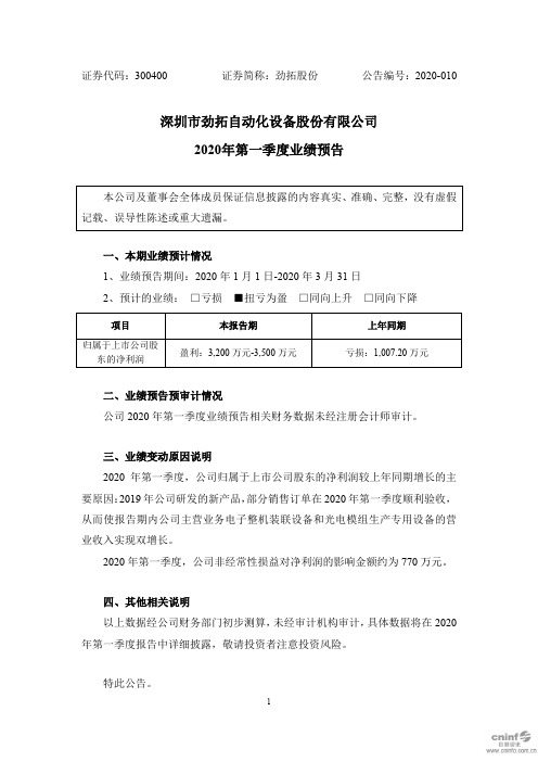 劲拓股份：2020年第一季度业绩预告