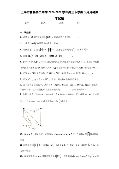 上海市曹杨第二中学2020-2021学年高三下学期3月月考数学试题