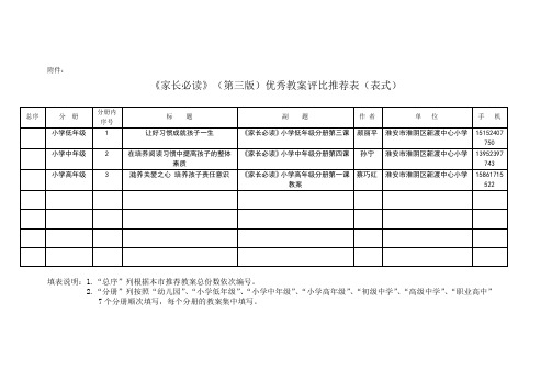 《家长必读》(第三版)优秀教案评比推荐表