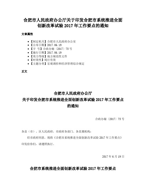 合肥市人民政府办公厅关于印发合肥市系统推进全面创新改革试验2017年工作要点的通知